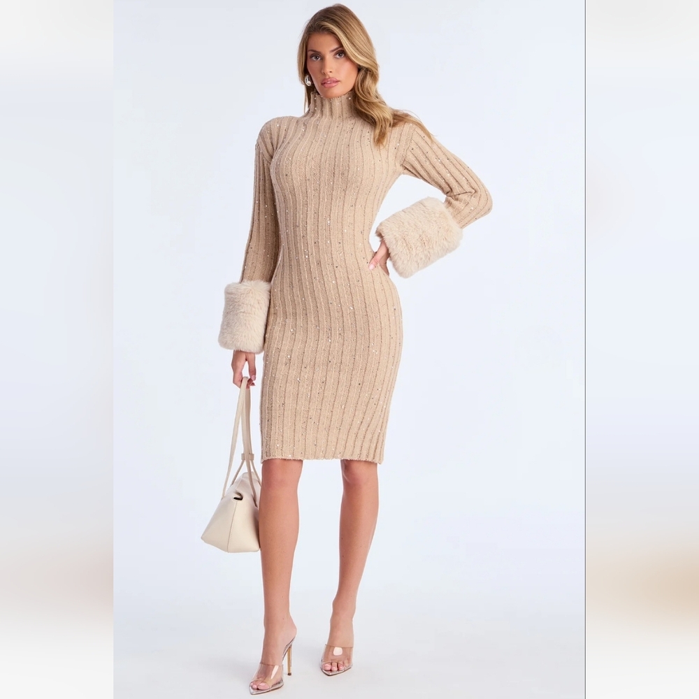 Sweater Dress W/Faux Fur Cuffs, Tonal Sequins, Tan, Sz XL BODYCON Midi, NEW!